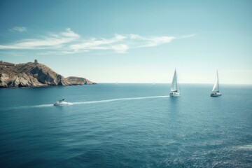 Fototapeta premium Catamaran and sail boat sailing in the clear blue water - generative ai