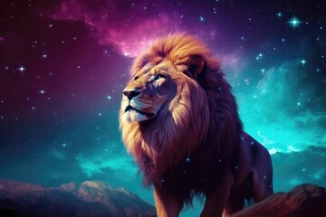 Lion standing under stars in the background. Style of colorful fantasy realism cosmic landscape.  Generative AI