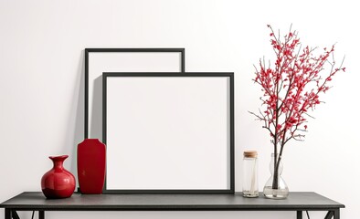 Empty frame and vase with red dry plant on a desk, minimal style, template for artwork, painting, photo or poster- generative ai
