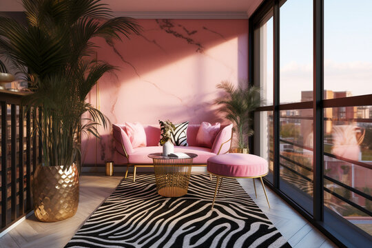 Modern glamour terrace. Luxury interior design with pink, golden, black colors and animal zebra texture. Super photo realistic background, generative ai illustration