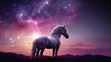 Obraz na płótnie Canvas A mystical unicorn depicted in a dazzling starry sky adorned with fluffy clouds. Generative AI