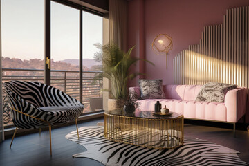 Modern glamour terrace. Luxury interior design with pink, golden, black colors and animal zebra texture. Super photo realistic background, generative ai illustration