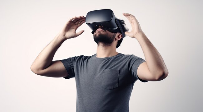 Man wearing virtual reality headset, VR, future, gadgets, technology concept - generative ai