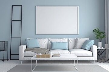 Light gray and blue modern living room with white couch and empty frame - generative ai