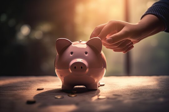 Person depositing money in a pink piggy bank, saving concept, money - generative ai
