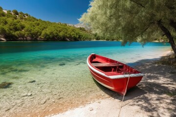 Red small boat sits on a clear beach on a beautiful sunny summer day - generative ai