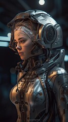 Female Cyborg wearing a futurist cybernetic armor, cyberpunk illustration - generative ai
