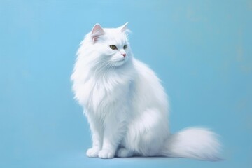 Naklejka na ściany i meble Portrait white cat on light pastel blue background. Generative AI