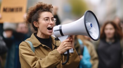 Female activist protesting with megaphone during a demonstration. Generative AI	
 - obrazy, fototapety, plakaty