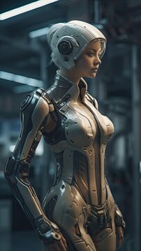 Female Cyborg wearing a futurist cybernetic armor, cyberpunk illustration - generative ai