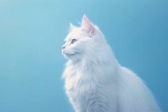 Portrait white cat on light pastel blue background.  Generative AI