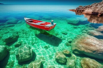Fototapeta premium Small boat in clear sea with rocks and clear blue sky, generative ai