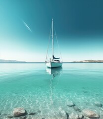 A sailboat floating in clear blue water at a sunny beach, turquoise waters, dreamy and romantic composition - generative ai