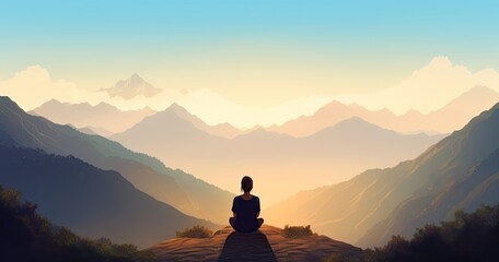 Silhouette of a woman practicing yoga pose on a mountain summit - generative ai
