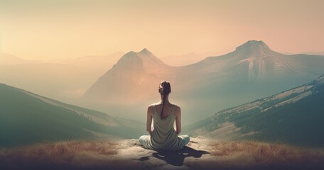 Silhouette of a woman practicing yoga pose on a mountain summit - generative ai