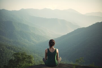 Naklejka na ściany i meble Silhouette of a woman practicing yoga pose on a mountain summit - generative ai