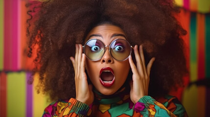 "Shock and Awe: The Power of Astonishment Framed in Afro-Curly Elegance and Trendy Eyeglasses"