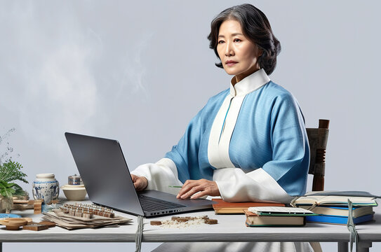 An adult Korean woman, a business woman, is sitting at a table in the office. Generative AI