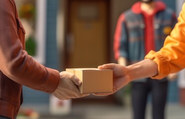 Obraz premium Hands of the courier pass the parcel to the client, close-up. Generative AI