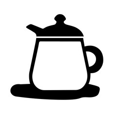 Black hand drawing illustration of a transparent glass kettle and hot water for tea isolated on a white background