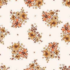 Flower Bouquets Vector Seamless Pattern. Simple Flowers Garlands. Ditsy Fashion Print. Millefleurs Liberty Style Floral Design. Blooming Meadow. Small Wildflowers Vintage Background