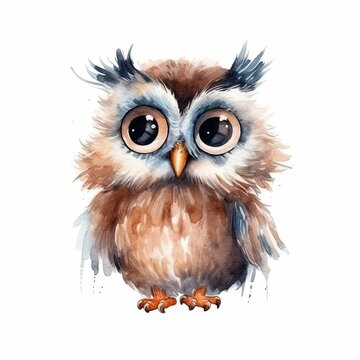 Cute watercolor owl. Illustration AI Generative.
