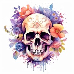Watercolor skull with flowers. Illustration AI Generative.
