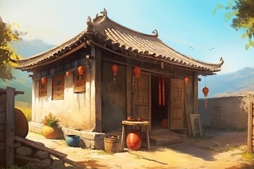 Obraz premium illustration, chinese peasant hut, generative ai