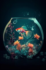 Naklejka na ściany i meble illustration, fish in a fishbowl with flowers, ai generative