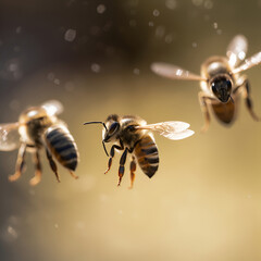 macro photography bees close up. Organic farm honey. Bees fly into the beehive in the rays of the setting sun. Al Generated.