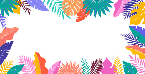 Summer background, abstract design with tropical leaves, colorful shapes