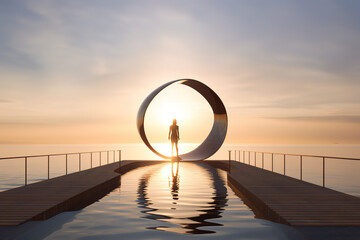 A large round art piece with a silhouette of a person, facing the sunset at the end of a long outdoor pool - Generative AI Content