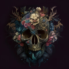 Obraz na płótnie Canvas Creepy Floral skull for Halloween and day of the dead design. Ai generative art 