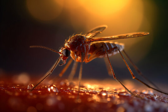 macro shot of a common mosquito on human skin, west nile virus infection, generative ai