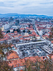 Aerial vertical shot of Ljubljana city on a clear afternoon, Slovenia