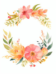 A watercolor wreath with flowers and leaves isolated on a white background Generative Ai