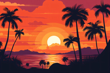 Fototapeta na wymiar Sunset with palm trees silhouette vector style illustration Generative Ai
