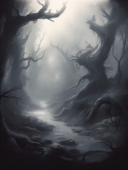 A dark haunted forest with a stream running through it Generative Ai