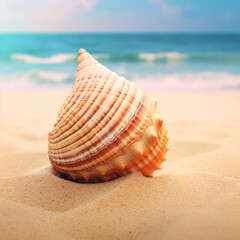 Fototapeta na wymiar A seashell on a sandy beach with the ocean in the background Generative Ai
