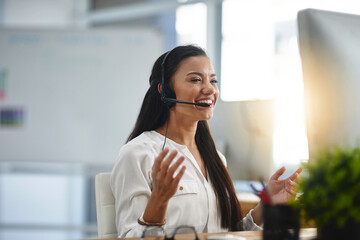 Laughing, agent or happy woman in call center consulting, speaking or talking at virtual assistant...