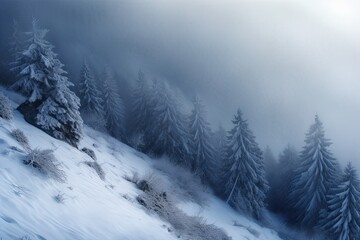 Fototapeta na wymiar snow-covered mountain with pine trees Generative AI