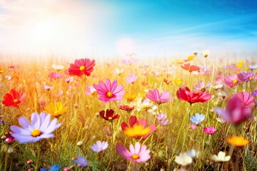 Fototapeta na wymiar vibrant flower field under a clear blue sky Generative AI