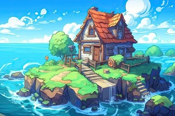 cozy cartoon house on a tiny island surrounded by the vast ocean Generative AI