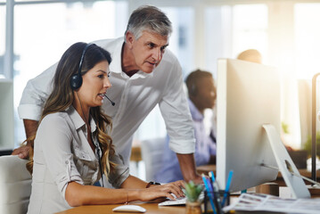 Leadership, woman or senior manager in call center training telemarketing in customer services...