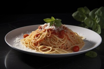 Fresh italian pasta spaghetti with tomato sauce, basil and parmesan cheese in white plate. Ai generative.