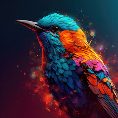 Bright colorful abstraction with the image of a bird on a forest background. Generative AI