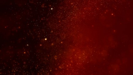 Golden red magic abstract glistering star particles lights wallpaper background. Horizontal luxury and glamor high detail 3D illustration backdrop. Glowing soft focus festive amber sparks overlay.