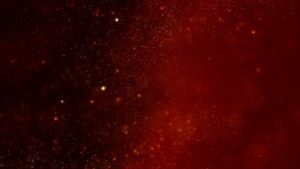 Golden red magic abstract glistering star particles lights wallpaper background. Horizontal luxury and glamor high detail 3D illustration backdrop. Glowing soft focus festive amber sparks overlay.