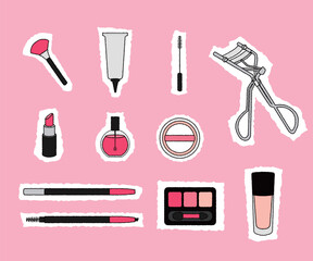 vector sets of cosmetics and makeup tools stickers including shading powder, foundation, pressed powder, brow pencil, eye shadow, mascara, lip color, lipstick, blush, sun screen, nail polish