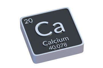 Calcium Ca chemical element of periodic table isolated on white background. Metallic symbol of chemistry element. 3d render